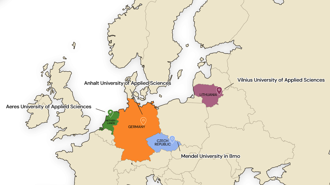 Karte von Europa mit markierten Standorten verschiedener Hochschulen für Angewandte Wissenschaften. Im Fokus liegt Deutschland mit fünf hervorgehobenen Universitäten in unterschiedlichen Farben: Anhalt, Aeres, Vilnius, Mendel in Brno und einer zentralen Gruppe in Hessen.