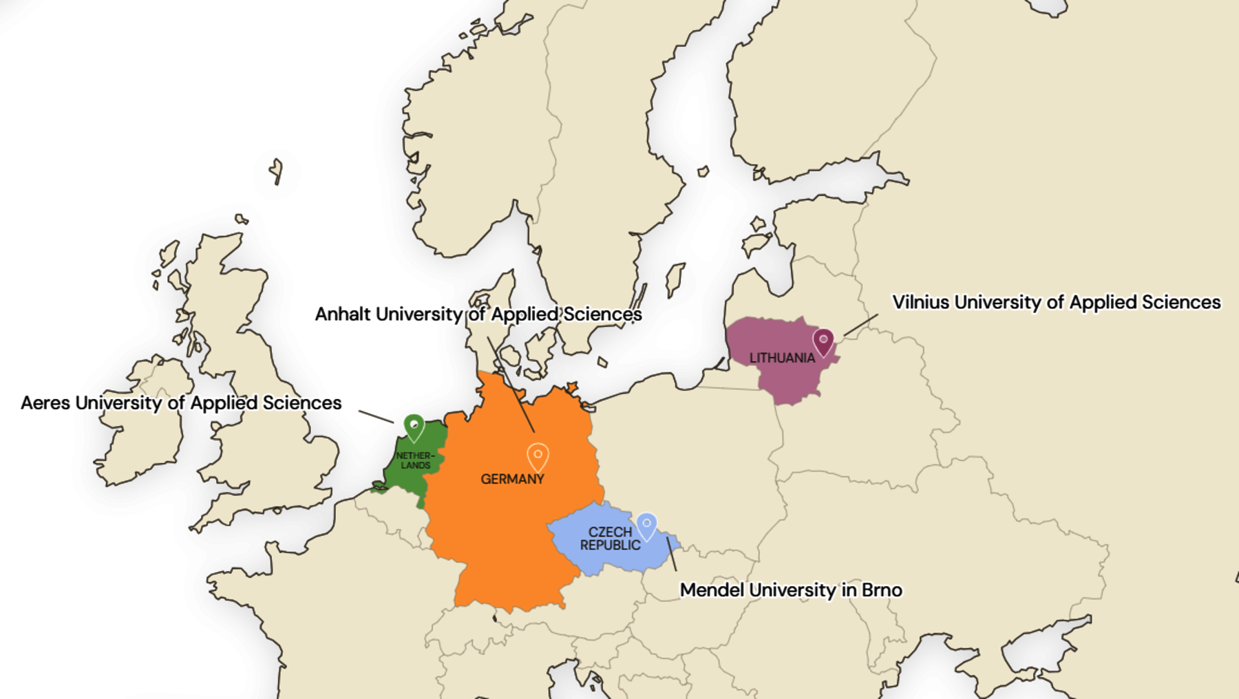 Karte von Europa mit markierten Standorten verschiedener Hochschulen für Angewandte Wissenschaften. Im Fokus liegt Deutschland mit fünf hervorgehobenen Universitäten in unterschiedlichen Farben: Anhalt, Aeres, Vilnius, Mendel in Brno und einer zentralen Gruppe in Hessen.