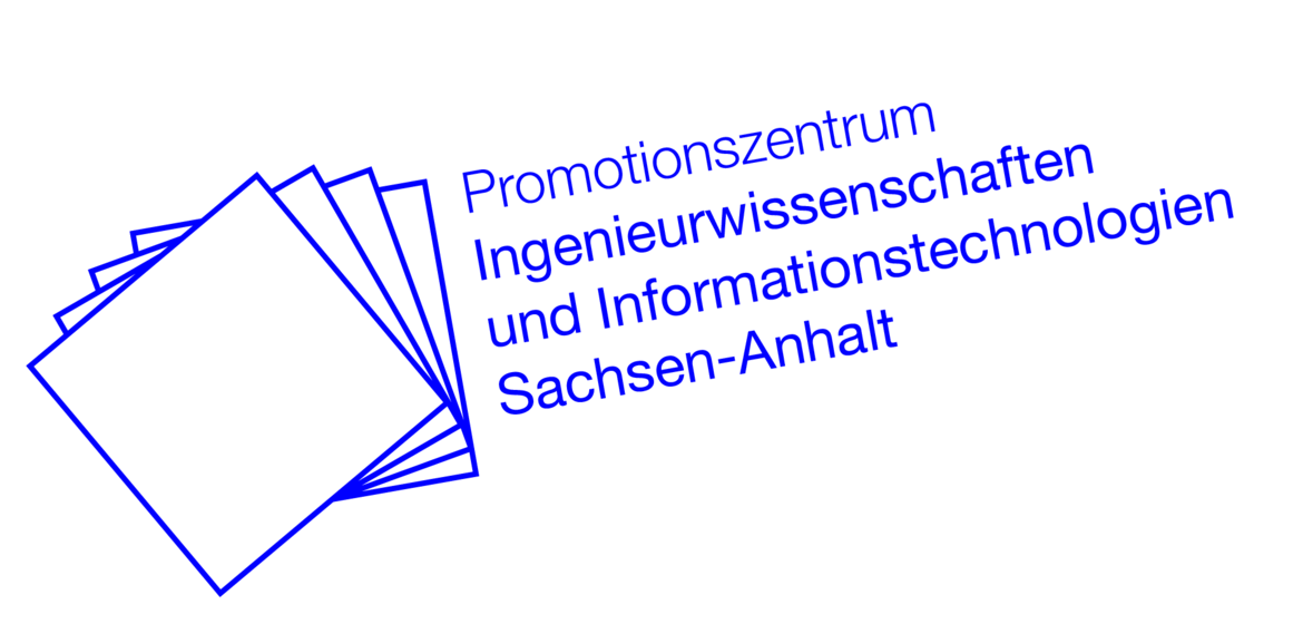 Logo mit gestapelten, blauen Dokumenten, das das **Promotionszentrum für Ingenieurwissenschaften und Informationstechnologien in Sachsen-Anhalt** symbolisiert.