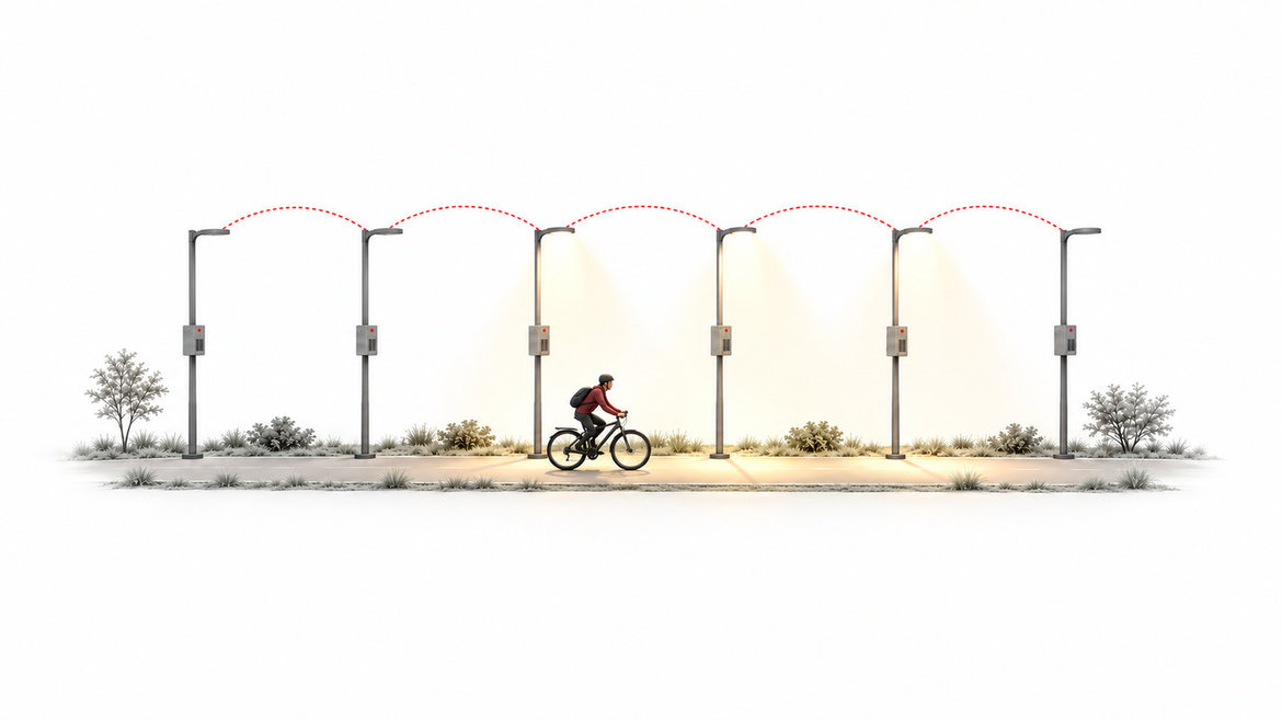 A cyclist travels to the right; neighbouring lamps illuminate the path ahead.