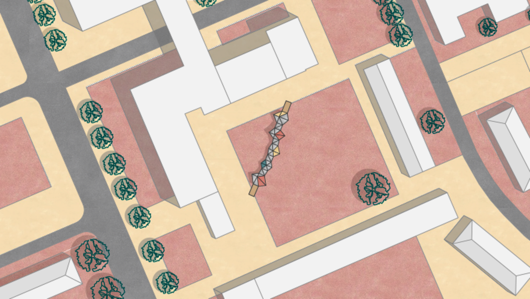 Stadtplanausschnitt mit markierten Parkplätzen für Fahrräder an Straßenrändern und auf Gehwegen. Eine Person radelt auf einem Weg durch einen Innenhof mit Gebäuden.