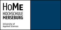 "Logo of Hochschule Merseburg, University of Applied Sciences. The logo consists of the word 'HoMe' in large font, followed by 'Hochschule Merseburg' and 'University of Applied Sciences' in smaller text. The design features a blue and white color scheme."