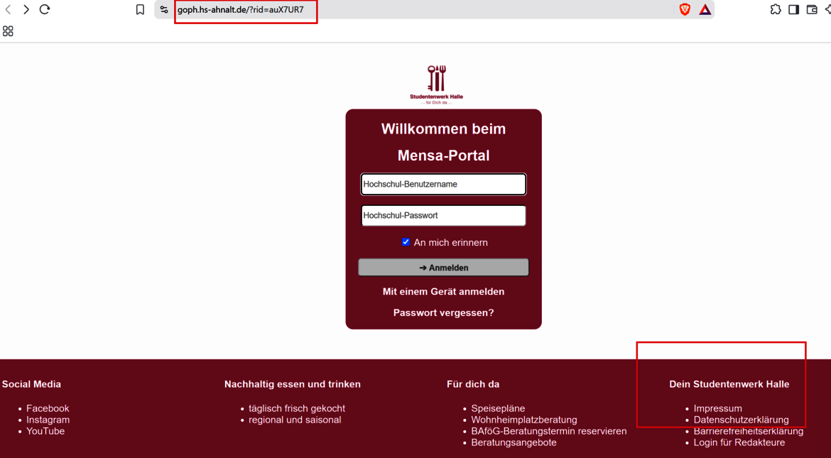 Anmeldeseite des Mensa-Portals mit Login-Feldern für Benutzername und Passwort, darunter Optionen für Passwort vergessen und Anmeldung mit Gerät. Links und rechts Navigationslinks zu Themen wie Sozial Media, Verpflegung, Studienwerk-Hilfsangebote und Impressum.