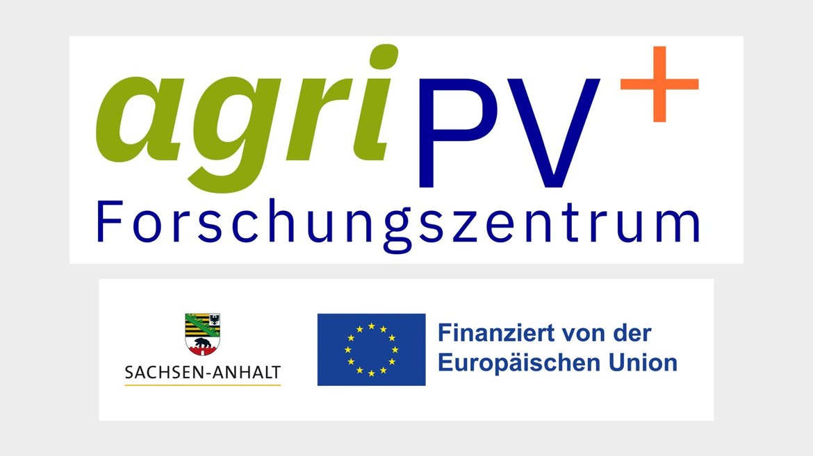 Logo des Forschungszentrums agriPVplus mit den Farben grün und blau, kombiniert mit einem Pluszeichen. Unterstützt durch Sachsen-Anhalt und die Europäische Union.