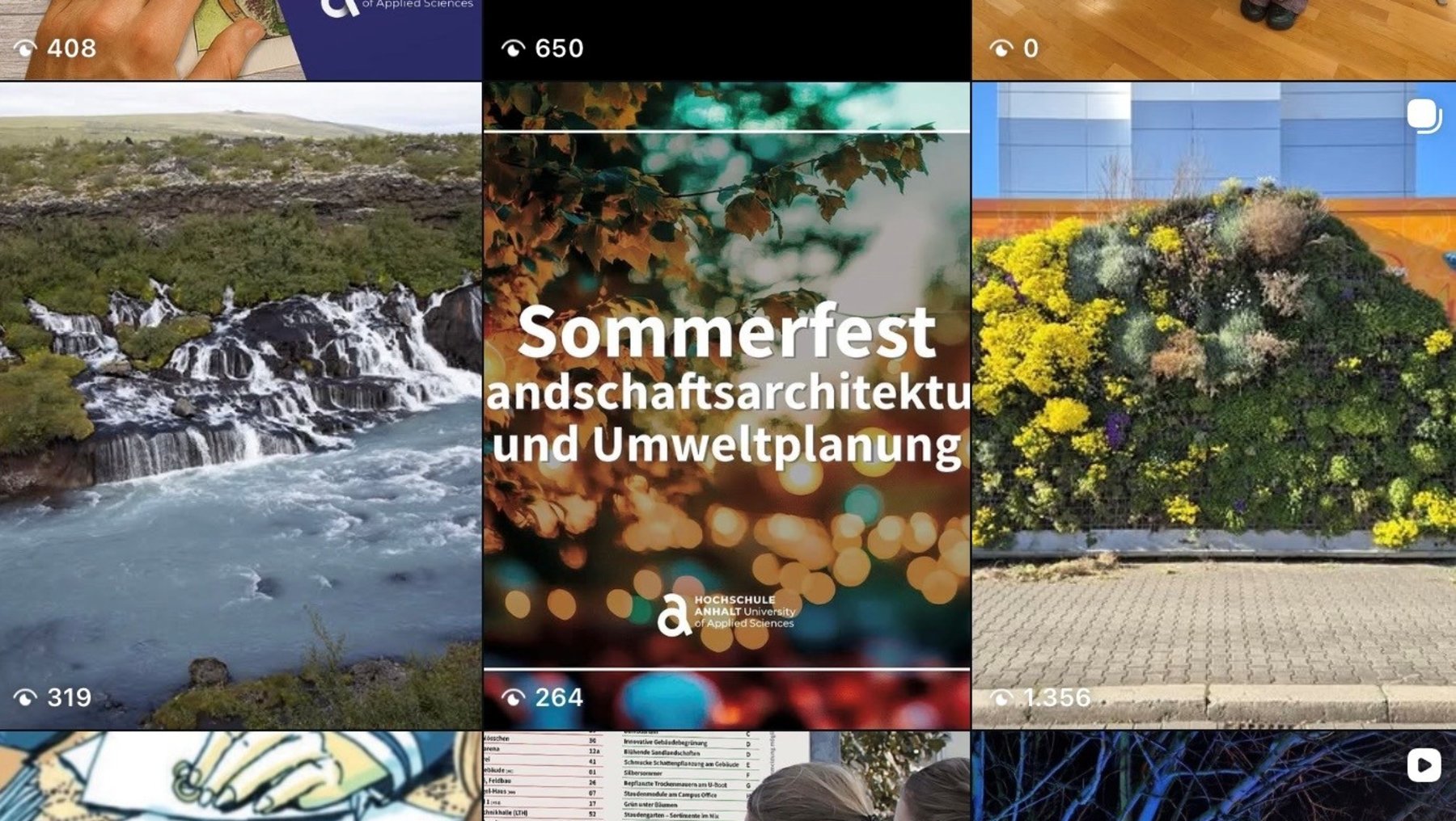 Bildcollage zur Landschaftsarchitektur und Umweltplanung mit verschiedenen Motiven: Eine Hand hält ein Plakat mit Veranstaltungshinweisen, eine Person hält ein Schild mit Hashtag, eine Person auf einer Bühne, ein Wasserfall in der Natur, ein Fest mit Sommerdekoration, eine vertikale Begrünung, eine Person mit Informationsmaterial, ein Porträt einer Person sowie beleuchtete Bäume bei Nacht.