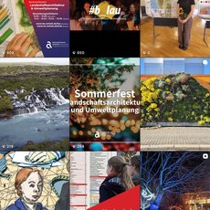 Bildcollage zur Landschaftsarchitektur und Umweltplanung mit verschiedenen Motiven: Eine Hand hält ein Plakat mit Veranstaltungshinweisen, eine Person hält ein Schild mit Hashtag, eine Person auf einer Bühne, ein Wasserfall in der Natur, ein Fest mit Sommerdekoration, eine vertikale Begrünung, eine Person mit Informationsmaterial, ein Porträt einer Person sowie beleuchtete Bäume bei Nacht.
