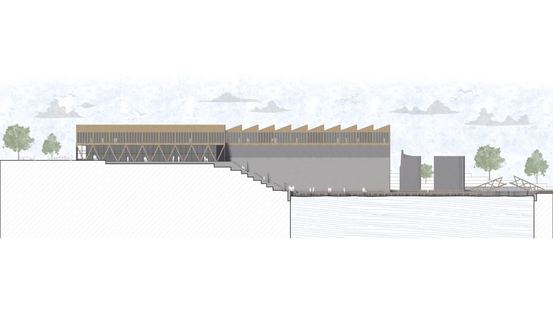 Moderne Gebäudeanlage mit flachem, langgestrecktem Hauptbau und seitlichem Anbau auf einem leicht abfallenden Gelände. Im Vordergrund eine breite Treppe, die zum Eingang führt. Im Hintergrund Wasserfläche mit Bäumen und sanfter Hügellandschaft.