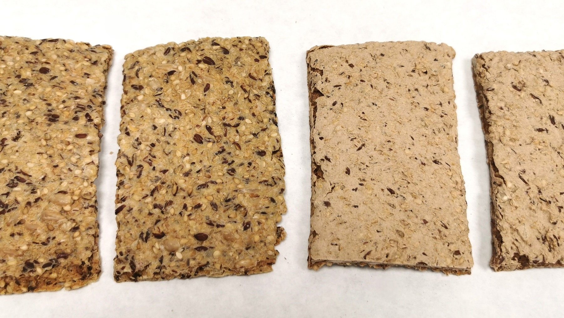 Foto mit verschiedenen Sorten Knäckebrot zeigt Forschung der Hochschule Anhalt zur Verwendung von Hagebuttentrester in Lebensmitteln. Das Brot ist flach und hat eine raue, körnige Textur.