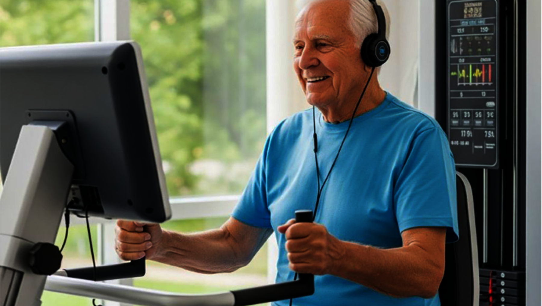 Älterer Mann lächelt zufrieden, während er auf einem Laufband mit Kopfhörern Musik hört und gleichzeitig einen Bildschirm vor sich bedient.