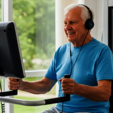 Älterer Mann lächelt zufrieden, während er auf einem Laufband mit Kopfhörern Musik hört und gleichzeitig einen Bildschirm vor sich bedient.
