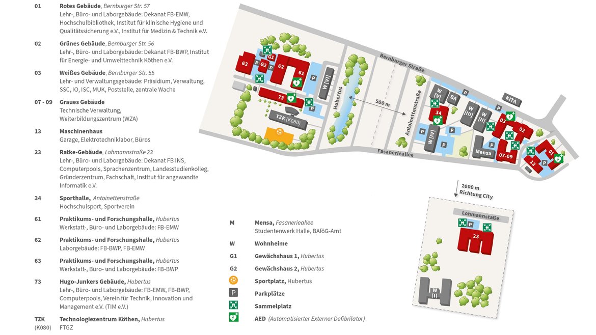 "Campusplan der Universität Duisburg-Essen mit Gebäuden und Einrichtungen in Essen und Duisburg. Verschiedene Gebäude sind farblich markiert: Lehrgebäude, Praktikums- und Forschungsgebäude, Mensa, Sportplatz, Parkplatz und Sommercafé. Ein Ausschnitt zeigt den Campus Essen in vergrößerter Ansicht."
