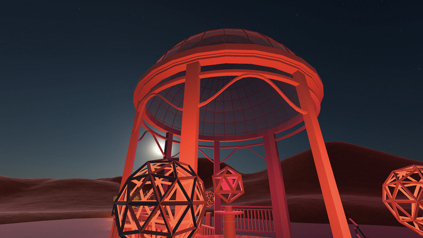 Rotes kuppelförmiges Observatorium auf einer Hochebene bei Nacht, beleuchtet von innen. Im Vordergrund zwei geometrische, durchsichtige Strukturen mit polygonalen Mustern, eine helle Mondscheibe am Horizont.