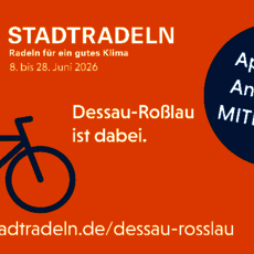 Plakat für die Aktion „Stadtradeln“ in Dessau-Roßlau vom 8. bis 28. Juni 2026. Aufruf, sich mit der App anzumelden und mit dem Fahrrad für ein besseres Klima mitzuradeln.