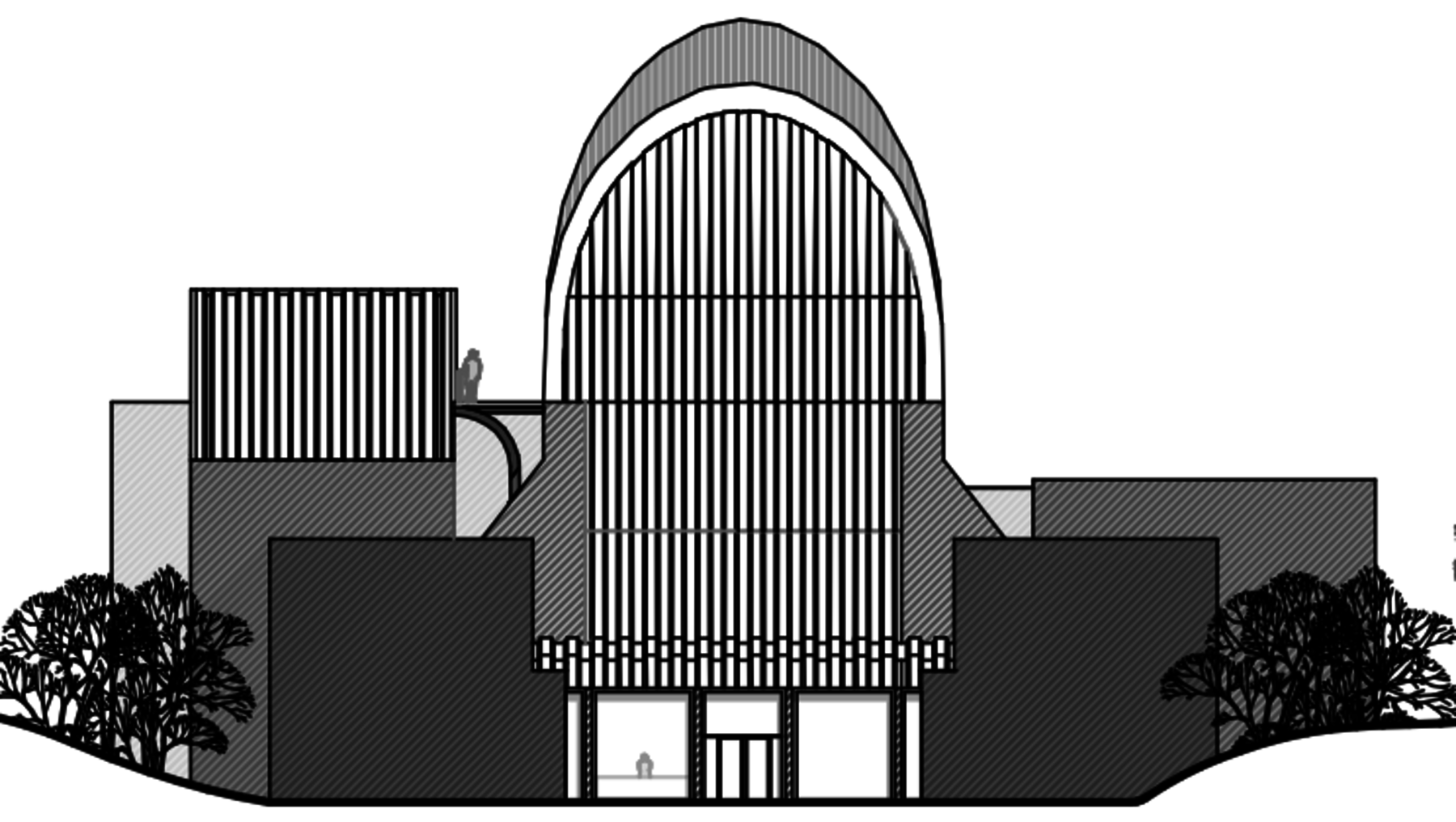 Moderne Architekturzeichnung eines Gebäudes mit markanter, gewölbter Glasfront in der Mitte, flankiert von zwei kubischen, schlichten Baukörpern. Im Erdgeschoss befindet sich ein Eingang mit zwei Stufen und seitlichen Bäumen.