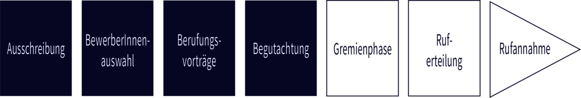 Das Diagramm zeigt die Prozessschritte einer Berufung: Ausschreibung, BewerberinnenAuswahl, Berufungsvorträge, Begutachtung, Gremienphase, Ruf-**erteilung** und Ruf**annahme**.