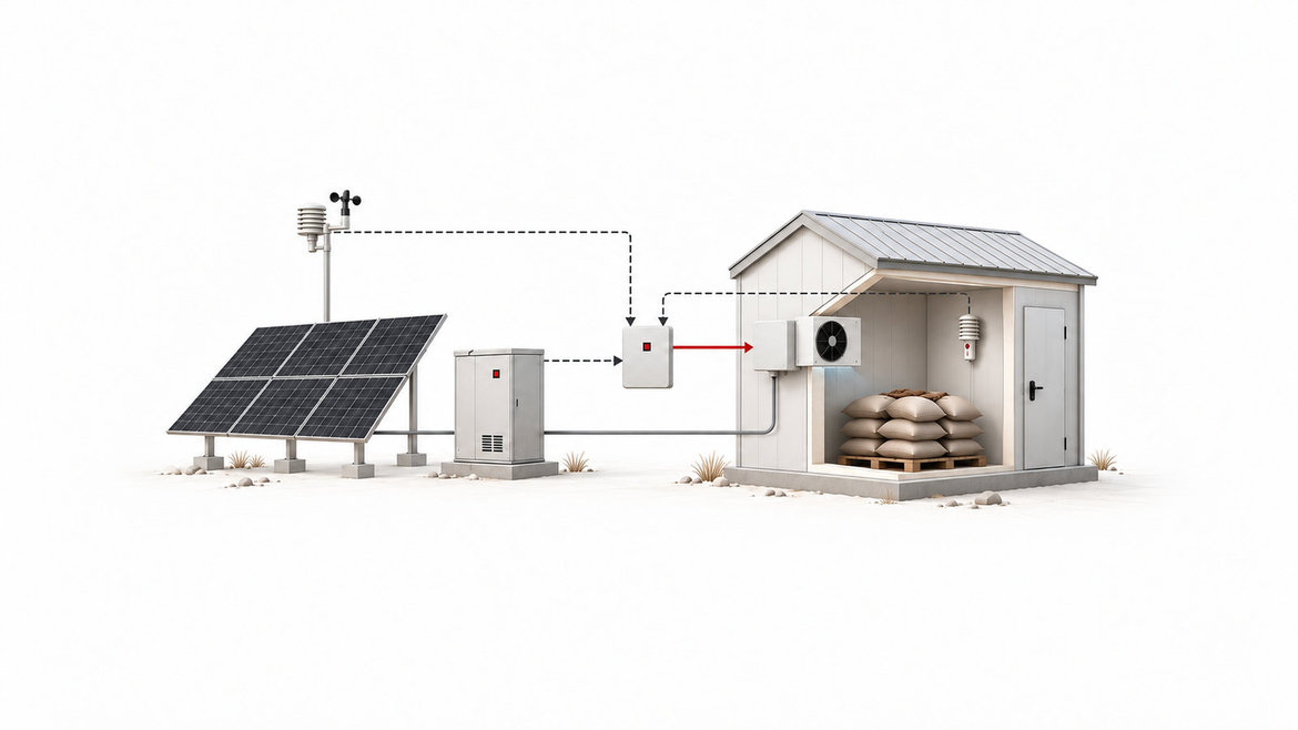 Temperature and battery sensors control a solar-powered cold store.