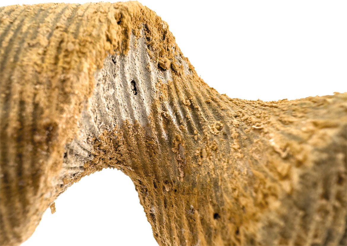 Foto eines geriffelten rauen Werkstücks in Beige-Weiß zeigt biobasierte Schalung aus dem 3D-Druck