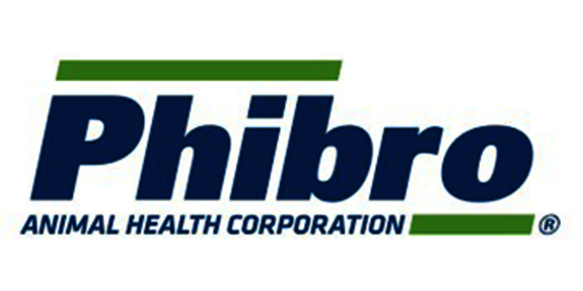 Logo der Firma Phibro Animal Health Corporation mit dem Schriftzug „Phibro“ in Blau und „ANIMAL HEALTH CORPORATION“ in Grün darunter.