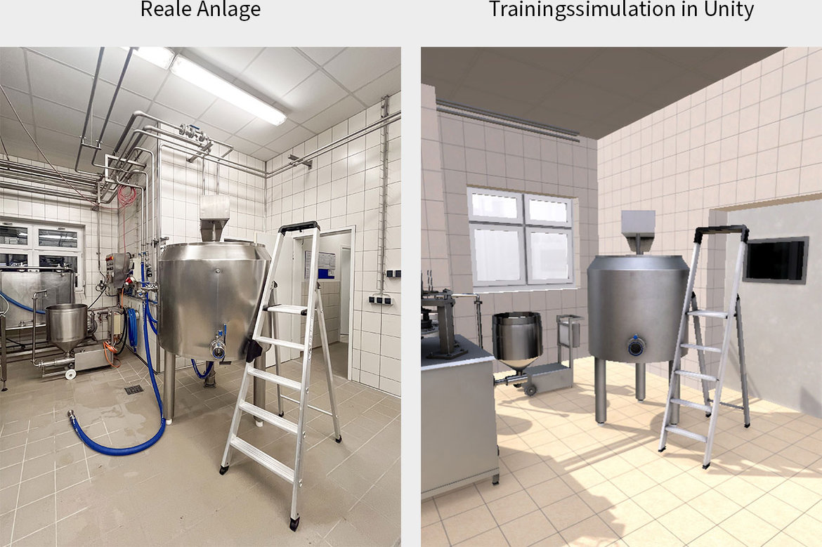 Vergleich zweier Räume: Links eine echte Produktionsanlage mit großem Edelstahltank, Schläuchen und Leitern. Rechts eine virtuelle Simulation desselben Tanks in einem leeren Trainingsraum mit ähnlicher Ausstattung.