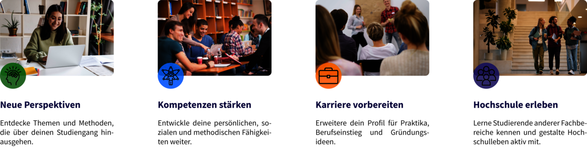 Bild mit vier Abschnitten zu Studienvorbereitung: Gruppe diskutiert an Tisch, Personen üben im Seminar, Berufseinstieg mit Netzwerken, Studierende tauschen sich in Bibliothek aus – jeweils mit Überschriften wie „Neue Perspektiven“, „Kompetenzen stärken“, „Karriere vorbereiten“ und „Hochschule erleben“.