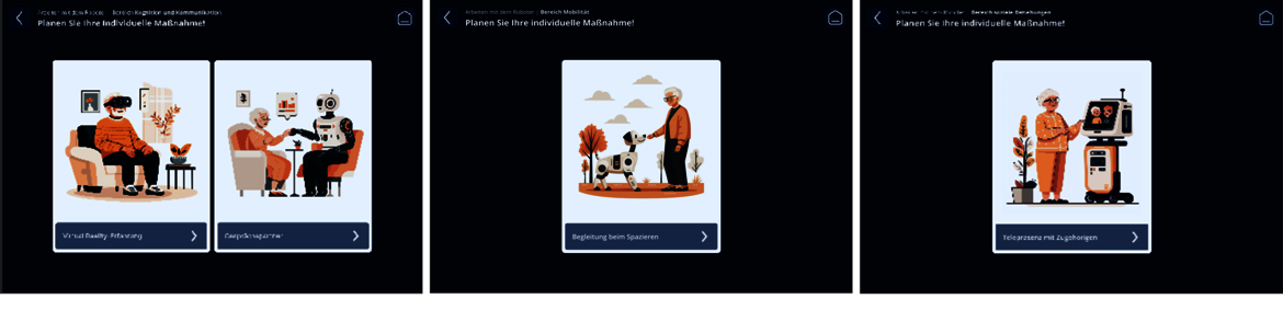 Drei Illustrationen zeigen verschiedene Situationen mit Menschen in einer Wohnumgebung. Links zwei Personen im Rollstuhl am Tisch, in der Mitte eine Person mit Gehhilfe beim Kochen, rechts eine Person mit Prothese beim Sport. Jede Szene betont selbstbestimmtes Leben und Teilhabe.