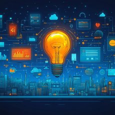 Eine leuchtende Glühbirne steht zentral auf einem digitalen Hintergrund mit Symbolen für Technologie, Datenanalyse, Kommunikation und Stadtinfrastruktur, symbolisierend für innovative Ideen und digitale Lösungen in der modernen Stadtentwicklung.