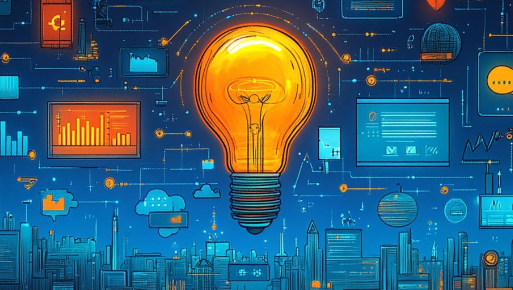 Eine leuchtende Glühbirne steht zentral auf einem digitalen Hintergrund mit Symbolen für Technologie, Datenanalyse, Kommunikation und Stadtinfrastruktur, symbolisierend für innovative Ideen und digitale Lösungen in der modernen Stadtentwicklung.
