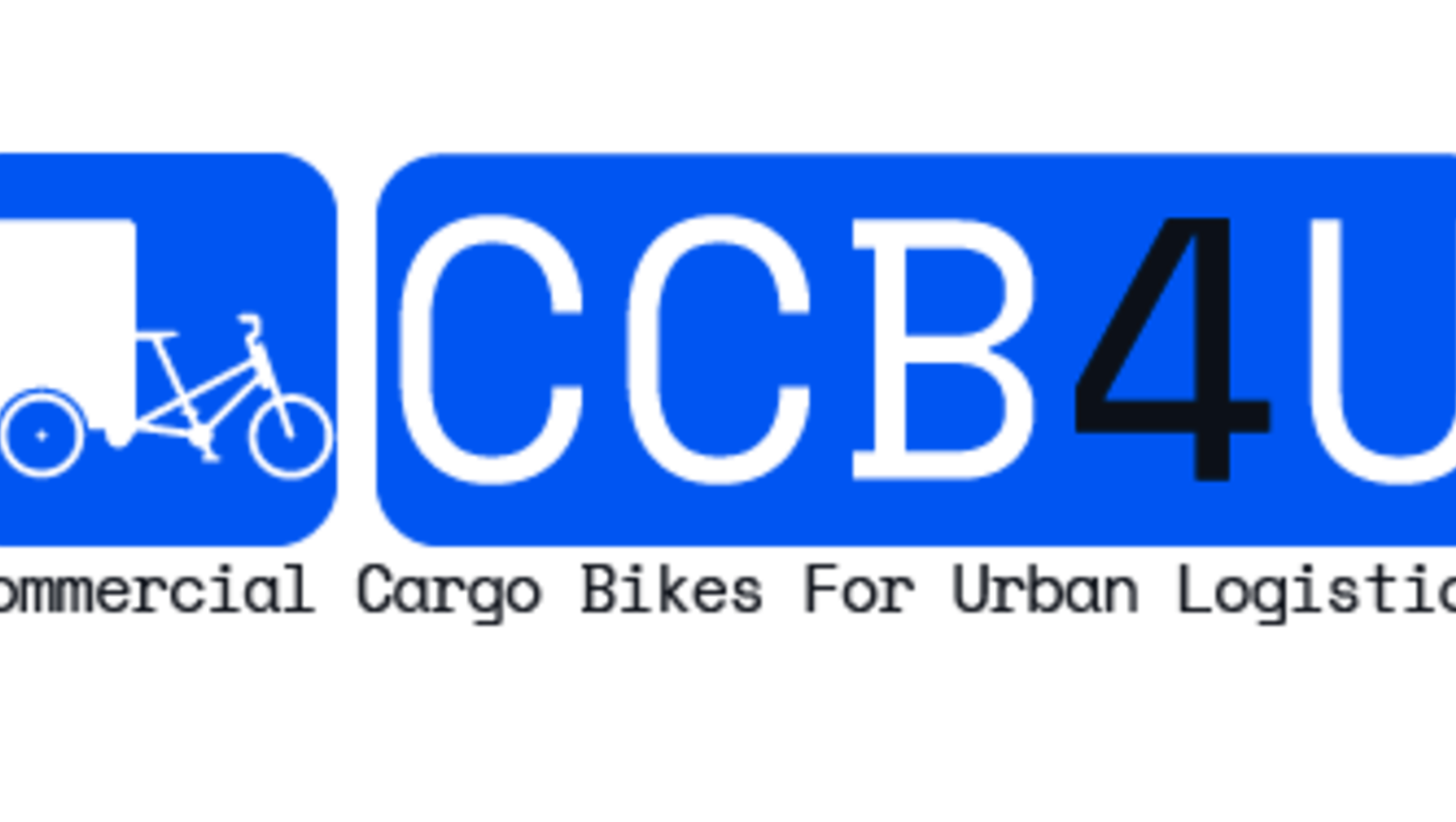 Logo mit dem Schriftzug „CCB4U“ in Großbuchstaben auf blauem Grund, darunter ein Fahrrad-Symbol in einem kleinen Quadrat sowie der Zusatz „Commercial Cargo Bikes For Urban Logistics“.