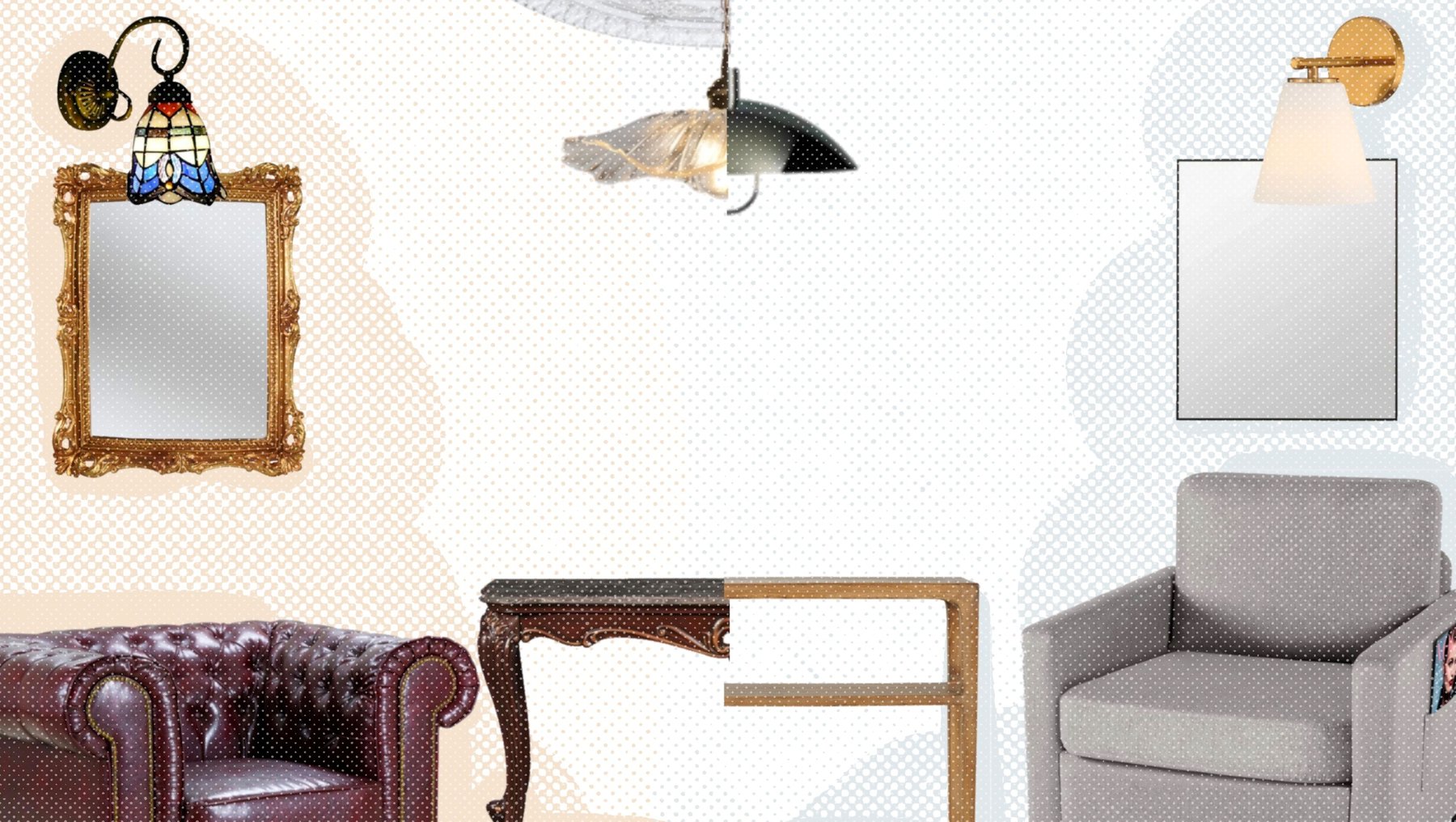 Diese Collage zeigt verschiedene Wohn_accessoires und Möbel:

- Ein Ledersessel in Brauntönen
- Zwei Spiegel mit verschiedene Rahmendesigns
- Eine bodentiefe Beistelltischgruppe aus Holz und Glas
- Eine graue Sitzgruppe mit gepolsterten Sesseln
- Zwei abgehängte Pendelleuchten.
