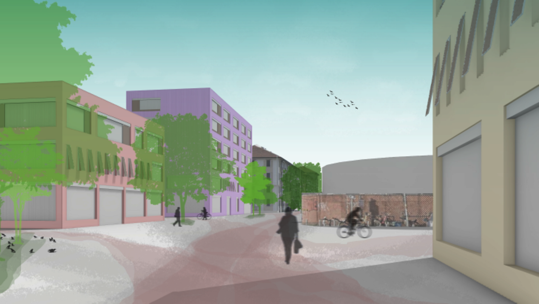 Moderne Wohn- und Gewerbegebäude in pastellfarbenen Tönen mit einem zentralen Platz. Zwei Personen gehen, eine mit Fahrrad. Grüne Bäume und Sitzgelegenheiten am Rand. Barrierefreier Weg mit taktiler Führung.