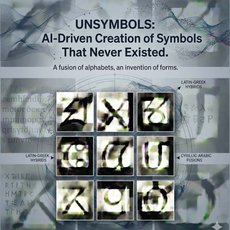KI-generierte, abstrakte Symbolfusionen aus lateinischen, griechischen und arabischen Schriftzeichen, die neue, bisher nicht existierende Schriftzeichen zeigen.