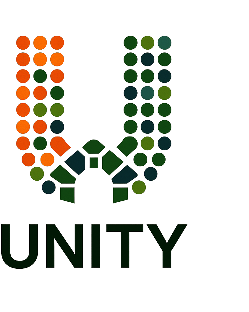 Logo des Unternehmens Unity, bestehend aus einem stilisierten „U“ aus bunten Kreisen und geometrischen Formen in Grün-, Orange- und Brauntönen, darunter der Schriftzug „UNITY“ in Großbuchstaben.