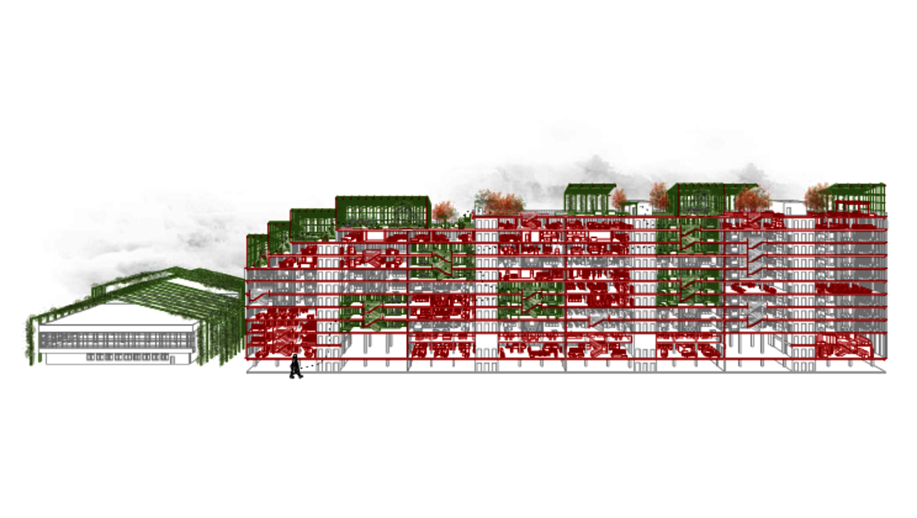 Großes Industriegebäude mit begrünten Dächern und Fassaden in modularer Bauweise. Im Vordergrund ein kleineres Gebäude mit ähnlicher Begrünung. Eine Person geht vor dem Hauptgebäude. Rote und grüne Elemente symbolisieren nachhaltige Architektur mit vertikaler Begrünung.