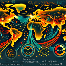 A world map with interconnected lines and nodes representing global network connectivity. Key terms like "Global WAN," "Heuristische Flow Management," "Multi-Objektive Optimierung von ALM," and "KI Congestion Control" are displayed, highlighting advanced network management and optimization technologies.