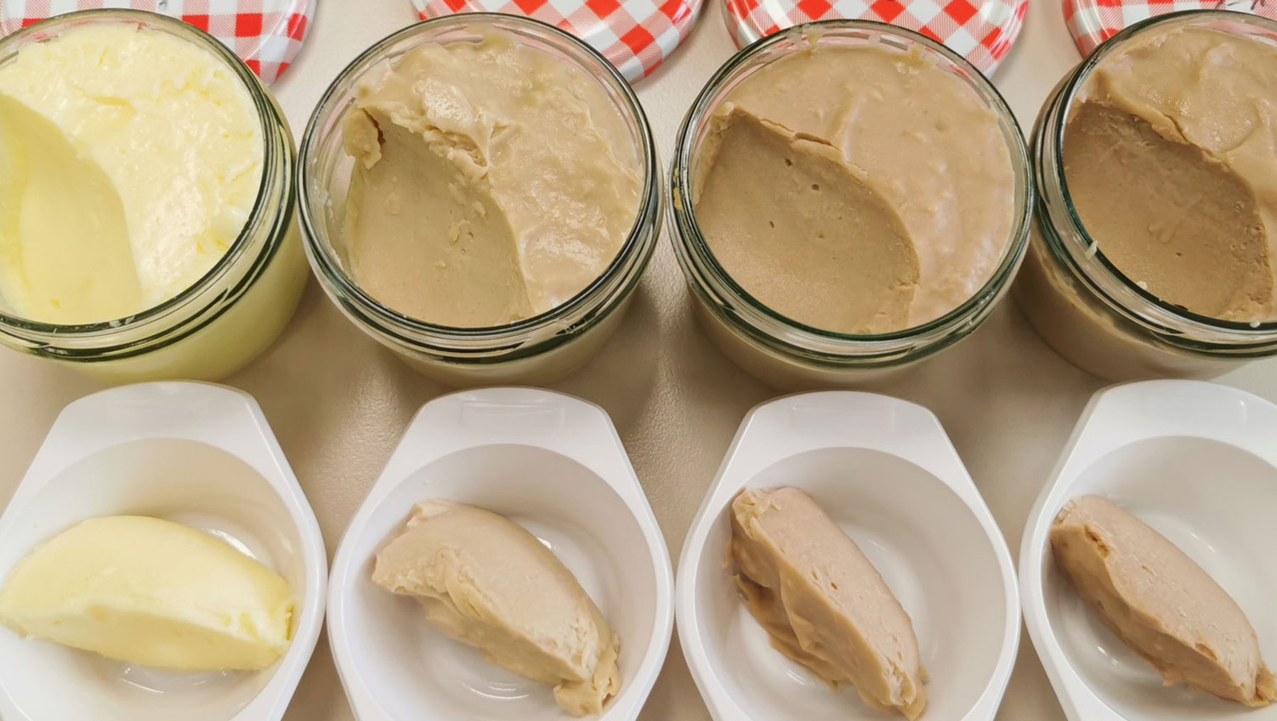Pudding in verschiednen Sorten in Schalen mit Hagebuttentrestermehl