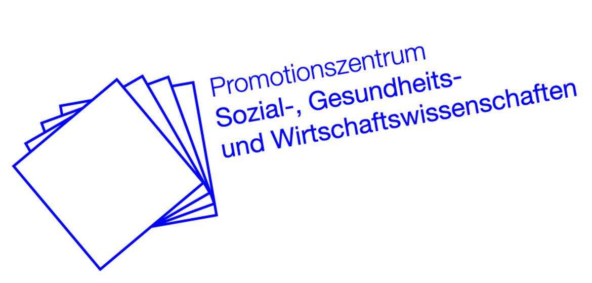 A stack of overlapping blue documents symbolizing the **Promotionszentrum Sozial-, Gesundheits- und Wirtschaftswissenschaften**, representing academic promotion in social, health, and economic sciences.