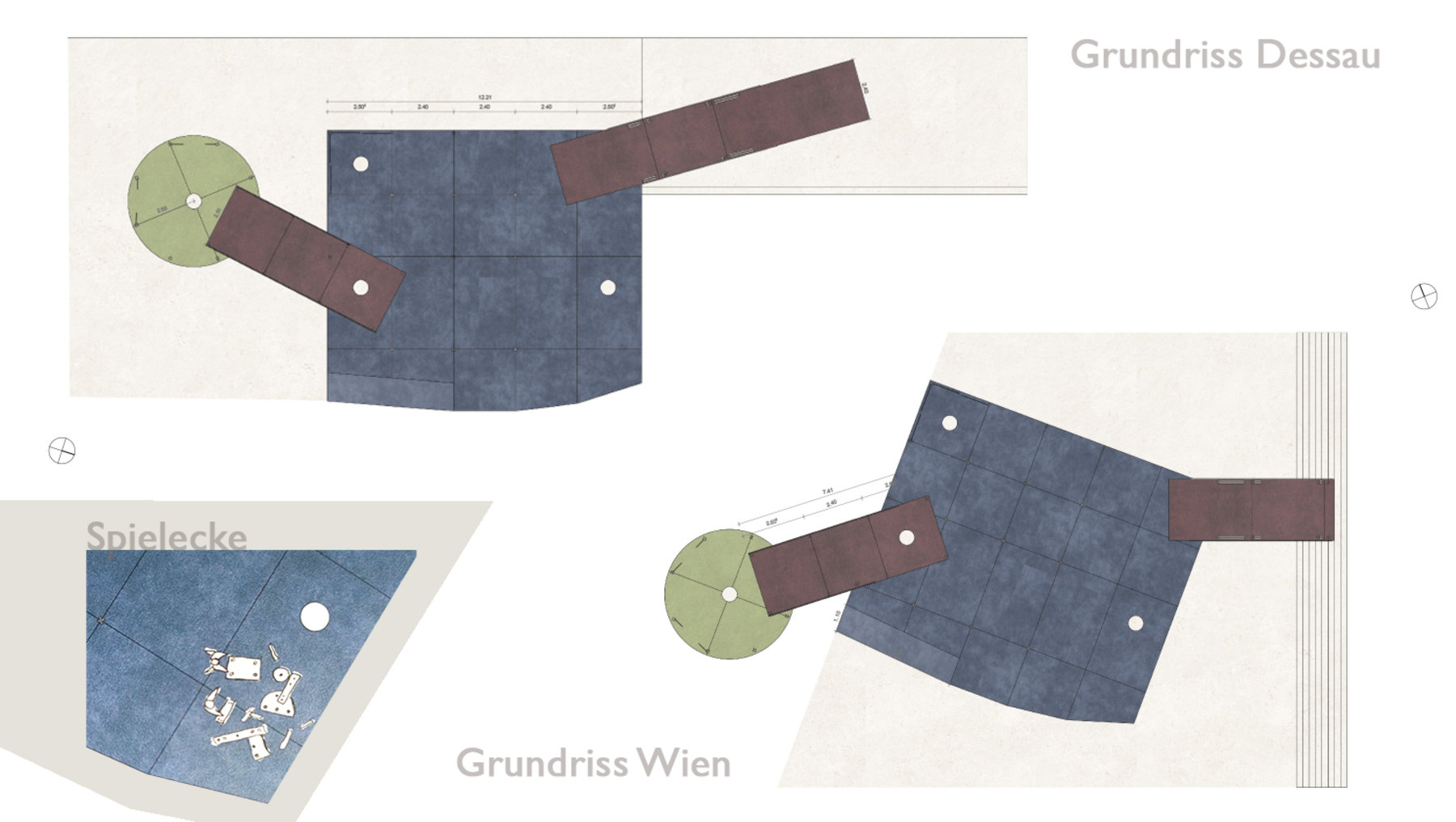 Grundrisse zweier Gebäude mit markanten runden Eingangsbereichen und angrenzenden Flügeln. Oben Grundriss Dessau mit zentralem Kreis und zwei seitlichen Flügeln. Unten Grundriss Wien mit ähnlicher Kreisform und einem Flügel, dazu Detailansicht einer Spielfläche mit Spielgeräten.