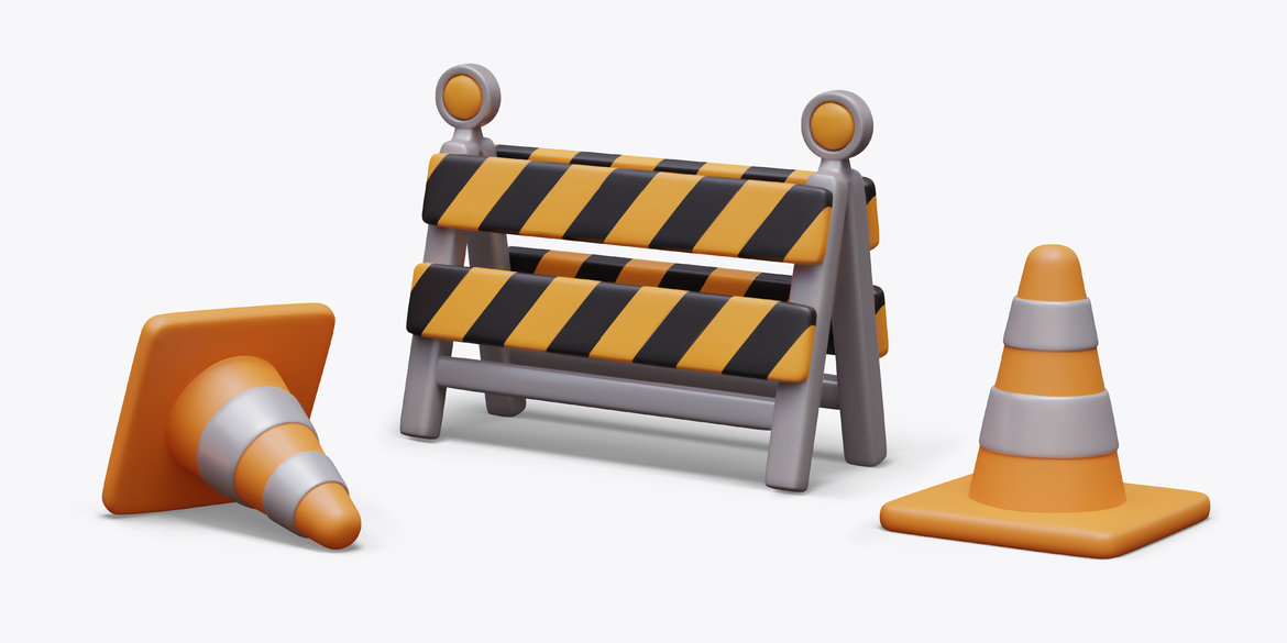 Baustellenabsicherung mit zwei orange-schwarz gestreiften Absperrtafeln auf Metallgestell und zwei orange-silbernen Warnkegeln auf flachen Sockeln.