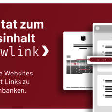 Ein offenes Buch mit juristischen Texten und einer hervorgehobenen Zitierstelle, die mit einem Link zu einer Rechtsdatenbank verbunden wird. Der Slogan wirbt für die Software lawlink, die Zitate direkt mit Rechtsinhalten verknüpft.