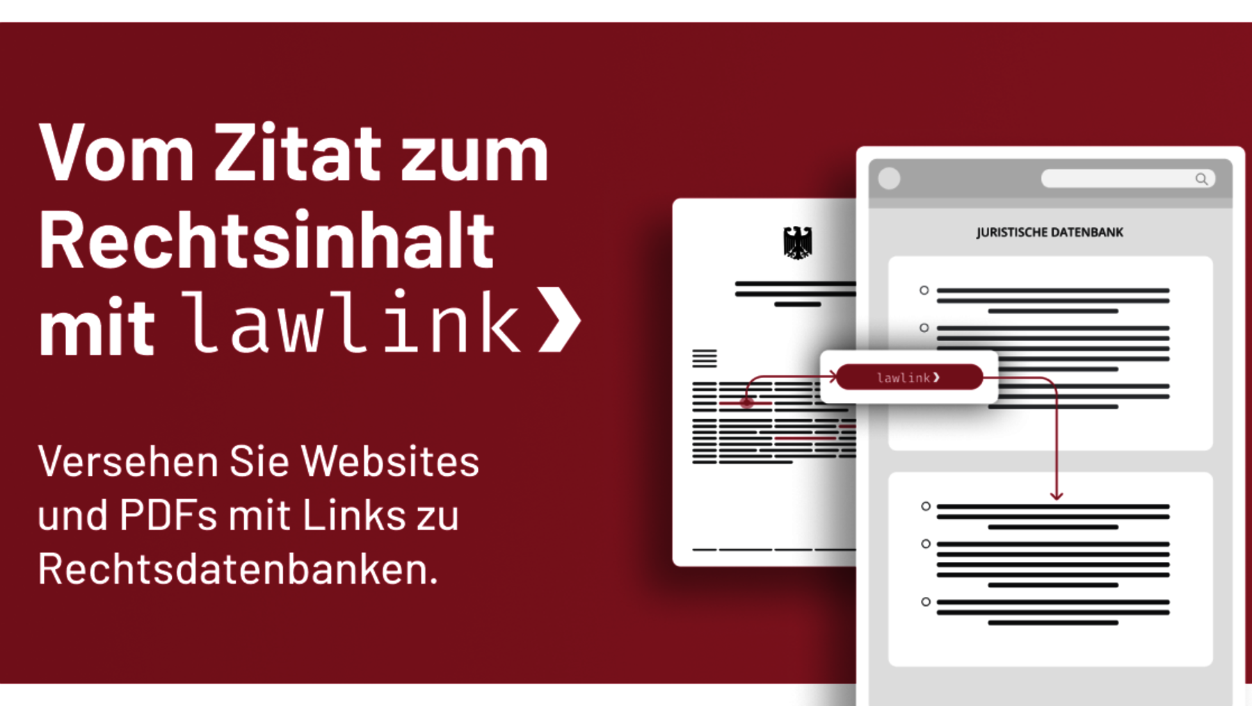 Ein offenes Buch mit juristischen Texten und einer hervorgehobenen Zitierstelle, die mit einem Link zu einer Rechtsdatenbank verbunden wird. Der Slogan wirbt für die Software lawlink, die Zitate direkt mit Rechtsinhalten verknüpft.