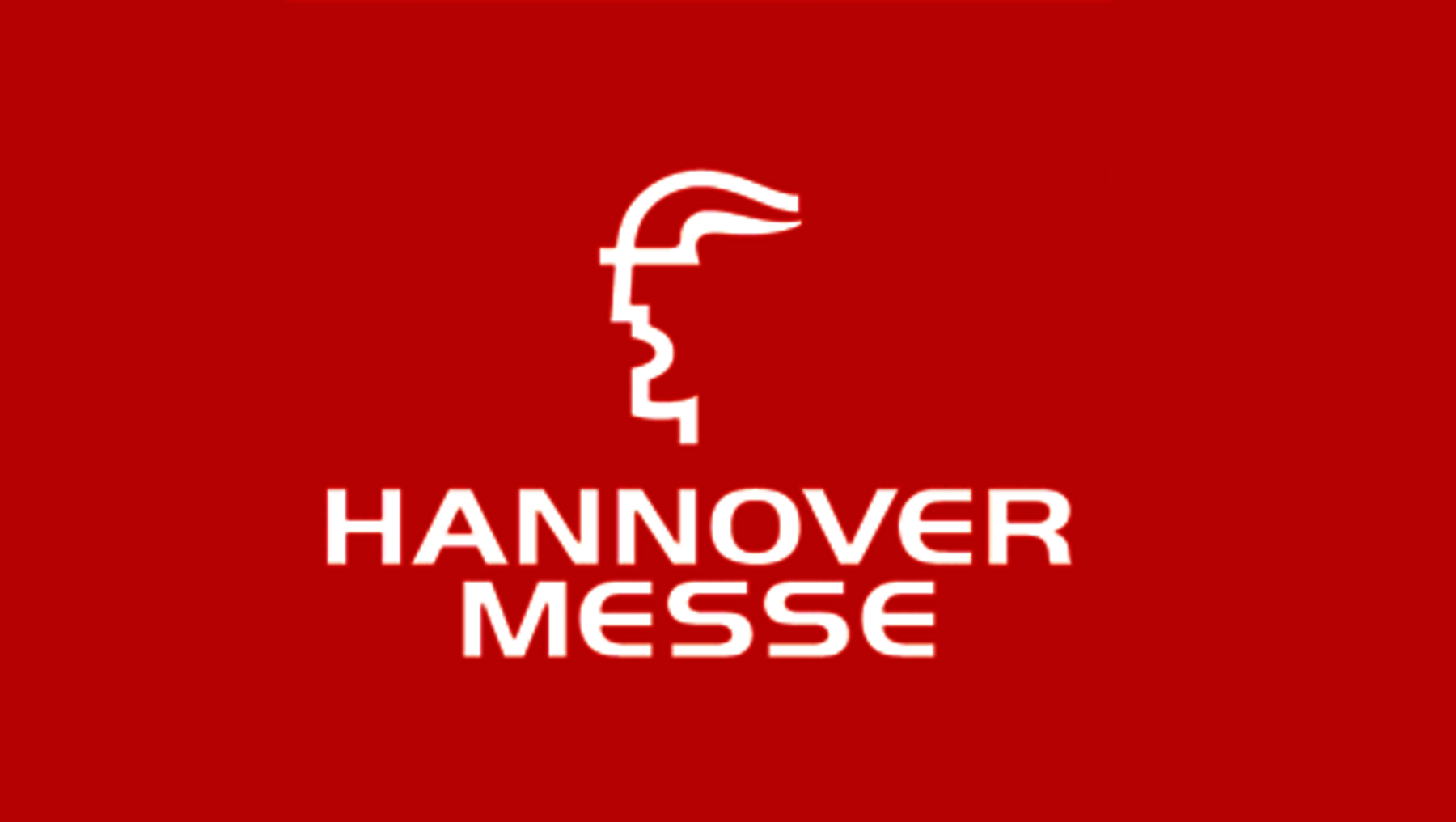 "Logo der Hannover Messe: Ein weißes Symbol, das wie eine stilisierte Hand oder ein Industriegerät aussieht, darüber. Darunter steht der Text 'HANNOVER MESSE' in weißen Großbuchstaben auf rotem Hintergrund."