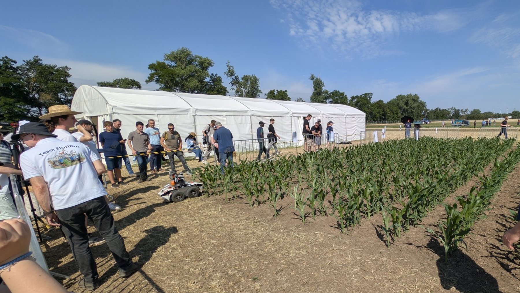 Gruppe von Menschen auf einem Feld mit jungen Pflanzen, vermutlich Mais oder Getreide. Ein Mann im Vordergrund zeigt auf die Pflanzen, während andere im Hintergrund unter einem weißen Zelt stehen und die Aussaat betrachten.