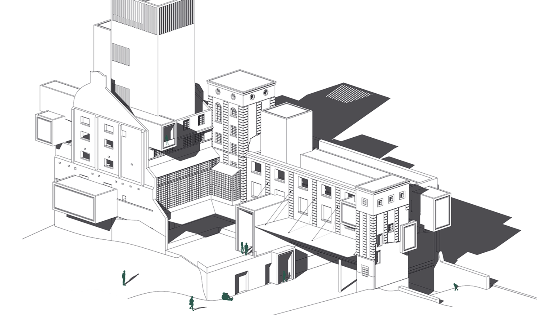 Isometrische Skizze eines Gebäudekomplexes mit verschiedenen Gebäudeteilen wie einem hohen Turm, einem flachen Hauptgebäude mit Sälen oder Treppenbereichen, einem niedrigeren Anbau und einem schrägen Dachbereich. Im Vordergrund ein ebenerdiger Zugang mit Treppe und Rampen.