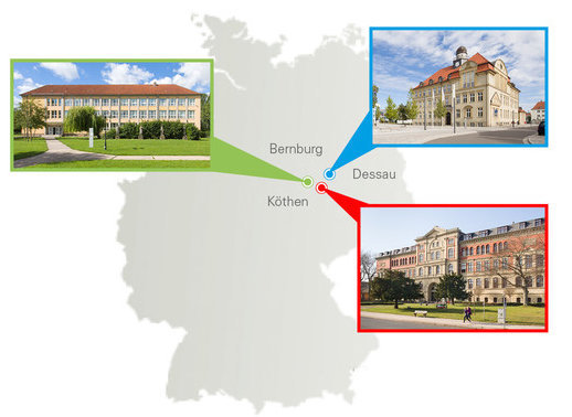 Ein Bild von Deutschland mit drei markierten Städten: Bamberg (grün), Dessau (blau) und Köthen (rot). Jede Stadt hat ein repräsentatives Gebäude als Beispielbild. Bamberg zeigt ein modernes Gebäude, Dessau ein historisches Gebäude und Köthen ein klassizistisches Gebäude.