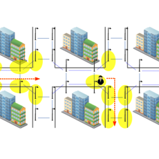 The image depicts a grid layout of buildings with yellow zones around them. A person moves through the grid, avoiding the yellow zones, illustrating a path through an urban area while maintaining social distancing. The red arrows indicate the direction of movement.