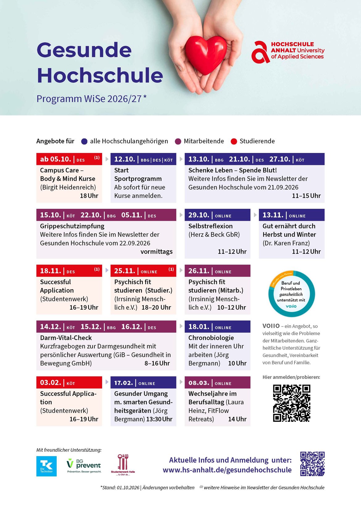 Programm für gesunde Hochschule mit Herz-Hand-Symbol. Zeitplan für verschiedene Angebote wie Campus Care, Sportprogramme, Workshops zu psychischer Gesundheit, Ernährung und Bewegung sowie Informationsveranstaltungen zu Themen wie Suchtprävention und Stressbewältigung. Zielgruppe sind alle Hochschulangehörigen, insbesondere Studierende und Mitarbeitende.