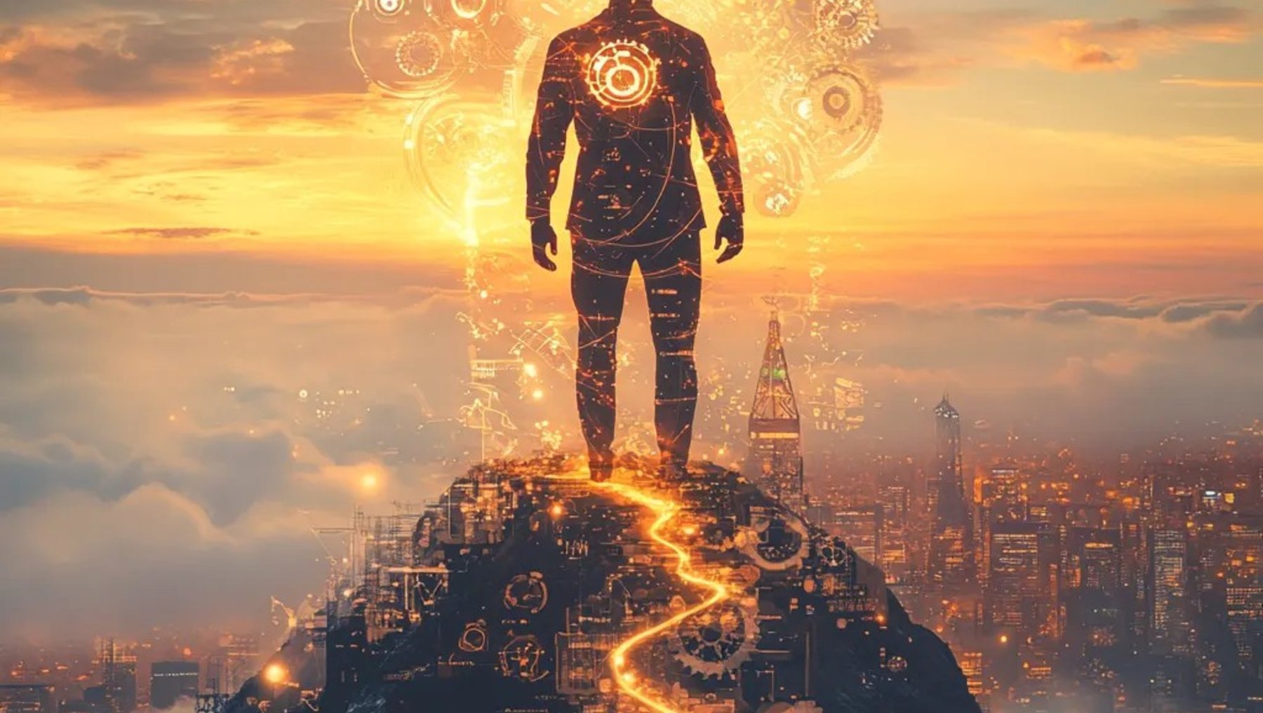 Eine futuristische Silhouette einer Person steht auf einem Berg in einer digitalen Stadtlandschaft bei Sonnenuntergang, umgeben von schwebenden Zahnrad- und Schaltkreis-Symbolen, die Innovation und Verbindung darstellen.