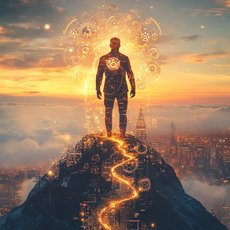 Eine futuristische Silhouette einer Person steht auf einem Berg in einer digitalen Stadtlandschaft bei Sonnenuntergang, umgeben von schwebenden Zahnrad- und Schaltkreis-Symbolen, die Innovation und Verbindung darstellen.