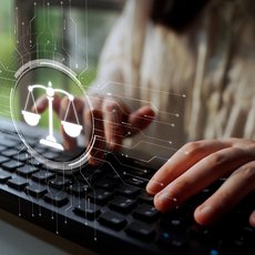 Eine Person tippt auf einer Tastatur, während im Vordergrund ein digitales Symbol einer Waage mit binärem Code-Hintergrund zu sehen ist, das digitale Gerechtigkeit oder Rechtsthemen im Internet symbolisiert.