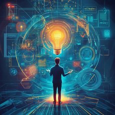 Eine Person steht mit ausgebreiteten Armen vor einem leuchtenden Glühbirnen-Symbol, umgeben von digitalen Schaltkreisen, Diagrammen und technologischen Symbolen, die Innovation und kreative Problemlösung in einer futuristischen Umgebung darstellen.